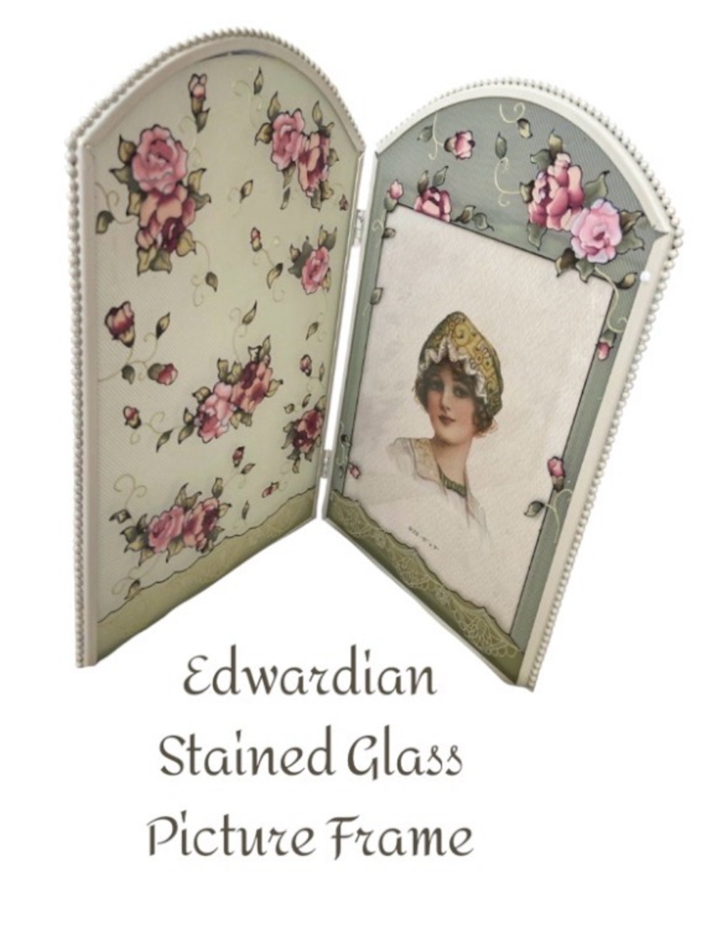 Vintage-Inspired Stained Glass Bi-Fold Ivory Metal Picture Frame with Rose Motif